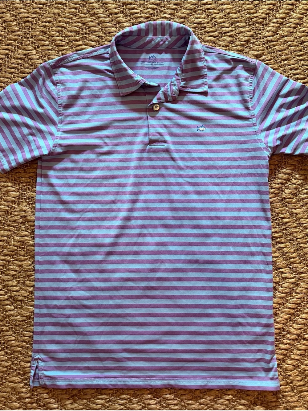 Southern Tide Driver Performance Stripe Polo Light Blue and Light Purple